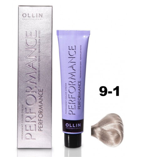 Перманентная крем-краска для волос OLLIN PERFORMANCE 9/1 блондин пепельный, 60 мл